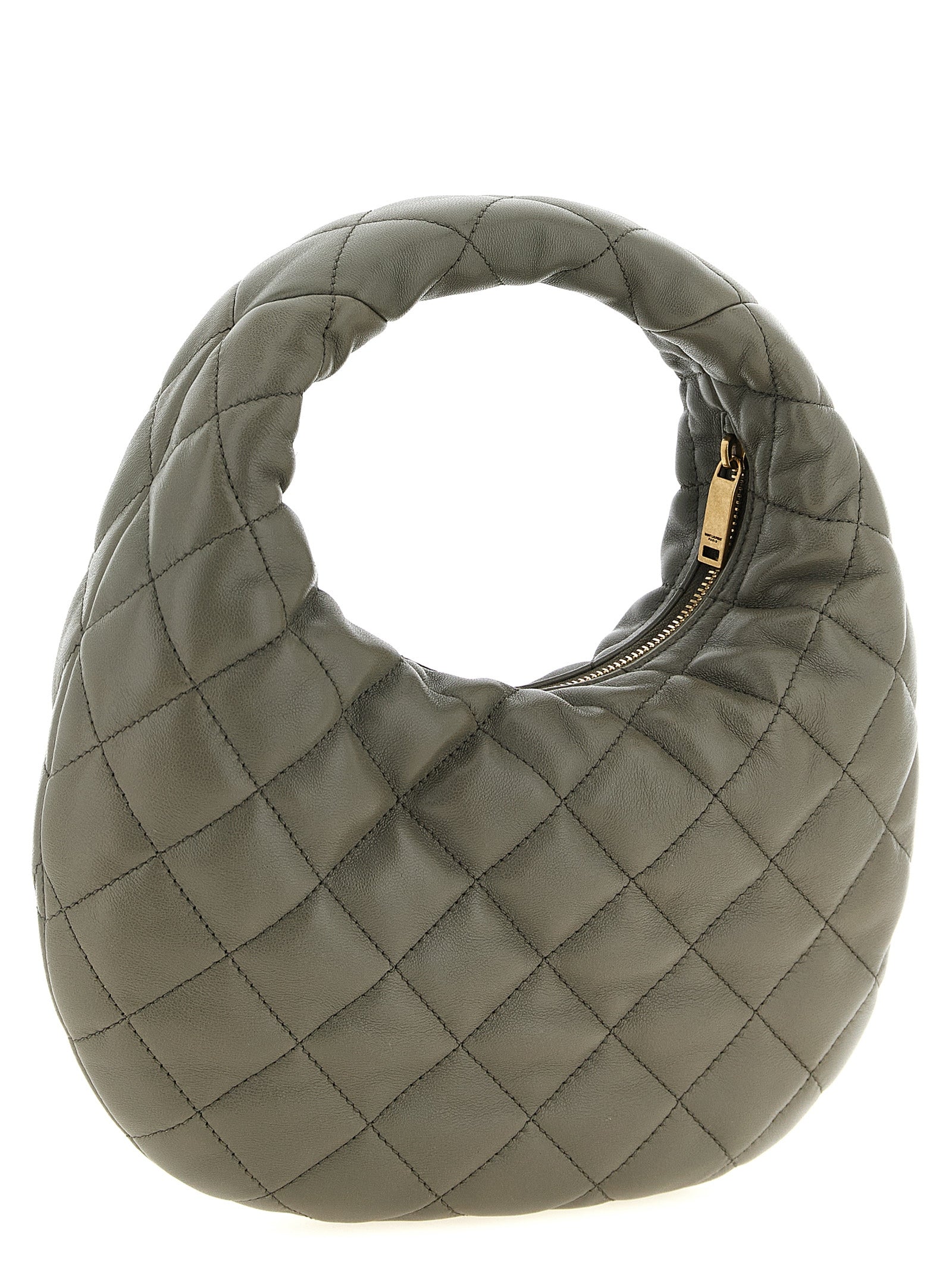 Sac à main en cuir d'agneau gris de Saint Laurent, avec détails élégants et finition luxueuse.