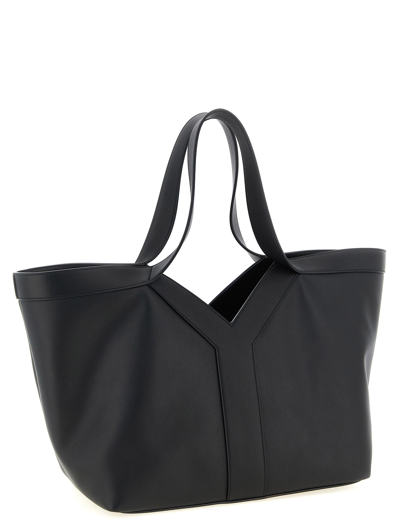 Sac cabas en cuir de veau noir Saint Laurent, élégant et spacieux, avec poignées en cuir et logo discret sur le devant.