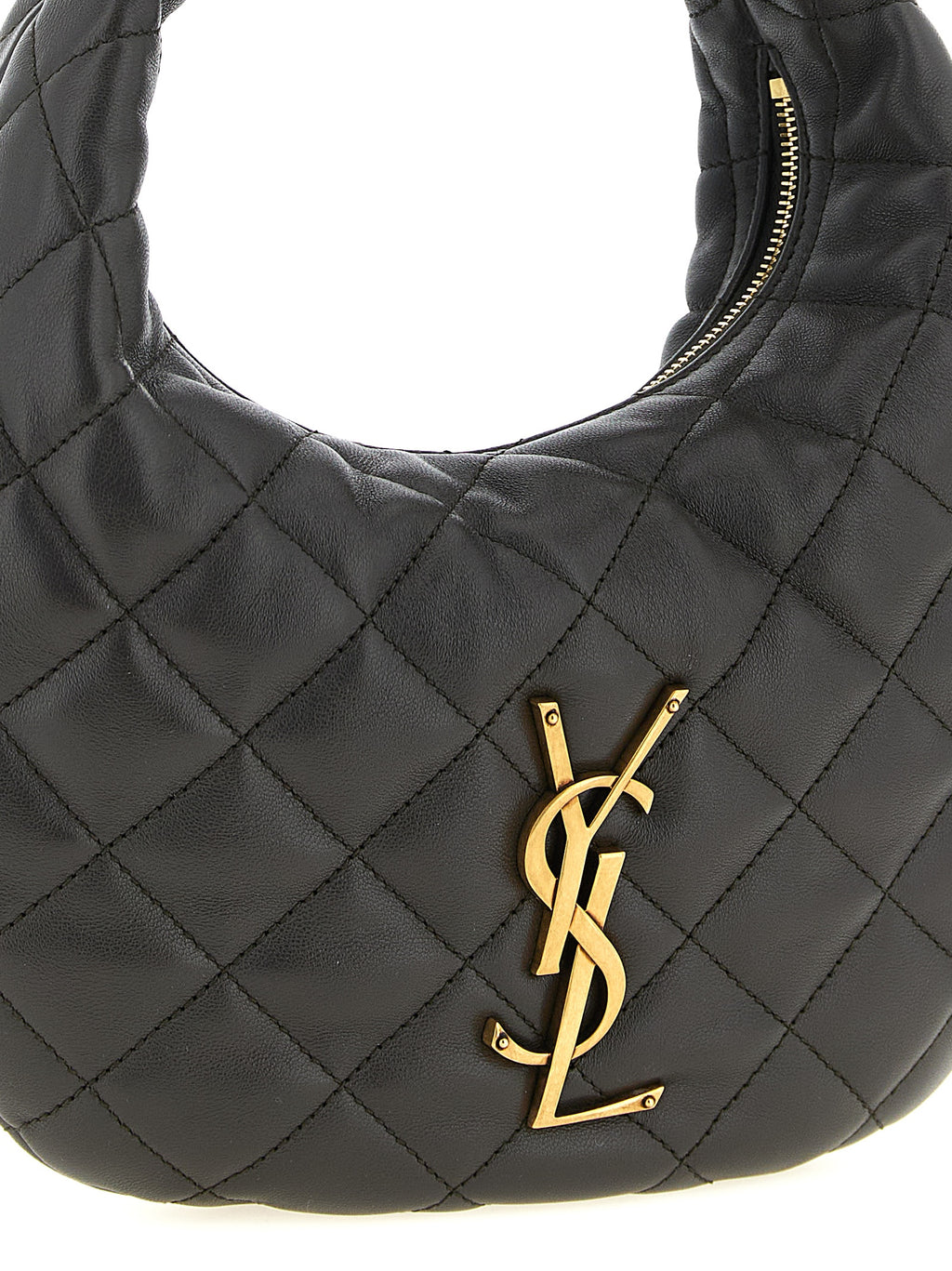 Sac à main en cuir d'agneau marron de Saint Laurent, élégant et sophistiqué, avec détails en or et poche intérieure visible.