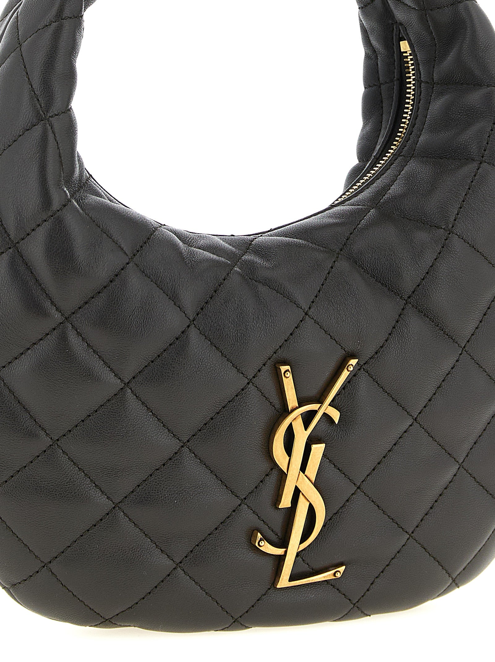 Sac à main en cuir d'agneau marron de Saint Laurent, élégant et sophistiqué, avec détails en or et poche intérieure visible.