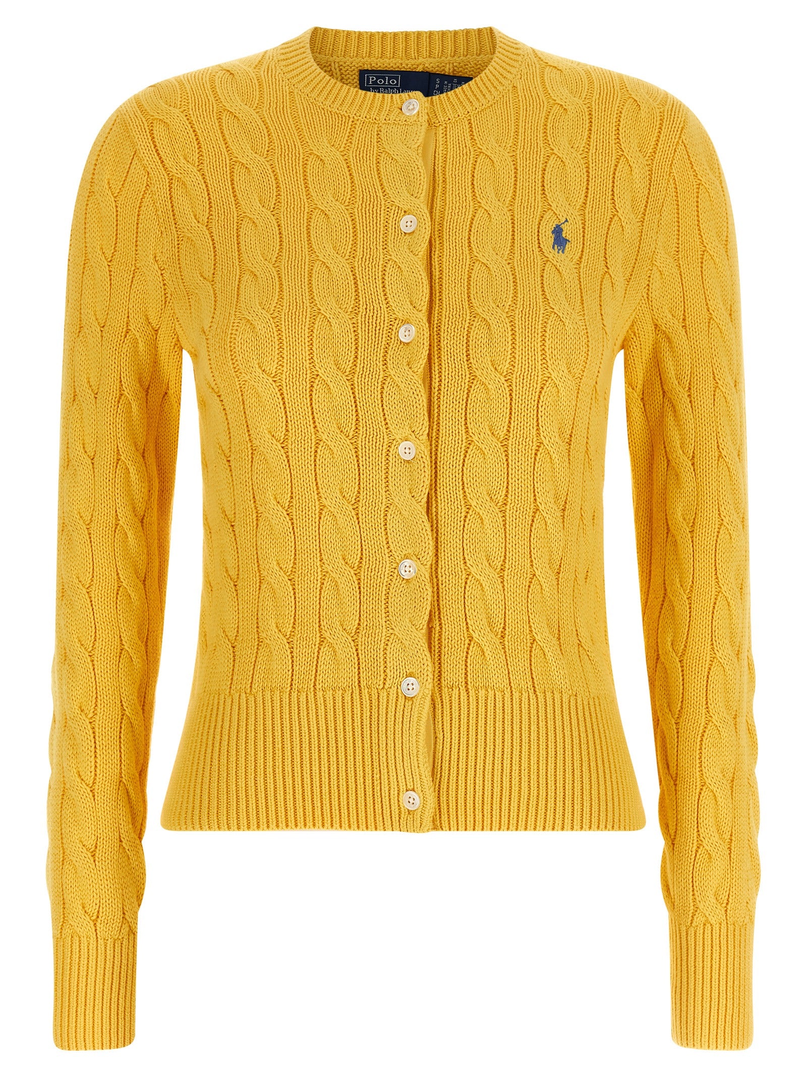 Pull en coton bicolore Polo Ralph Lauren avec col en V et boutons, porté par un mannequin.