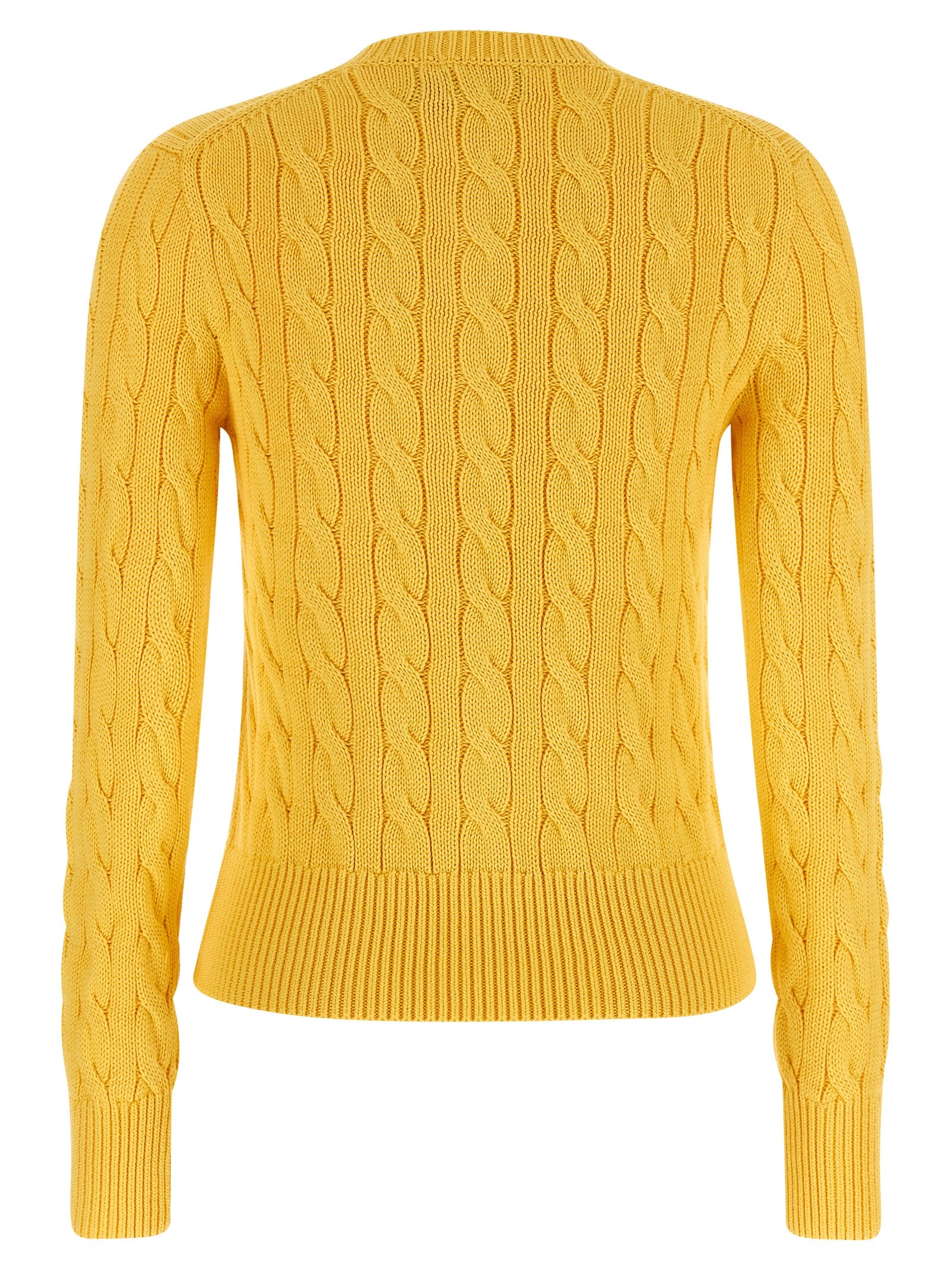 Cardigan bicolore en coton Polo Ralph Lauren porté par un mannequin, avec col en V et boutons visibles.