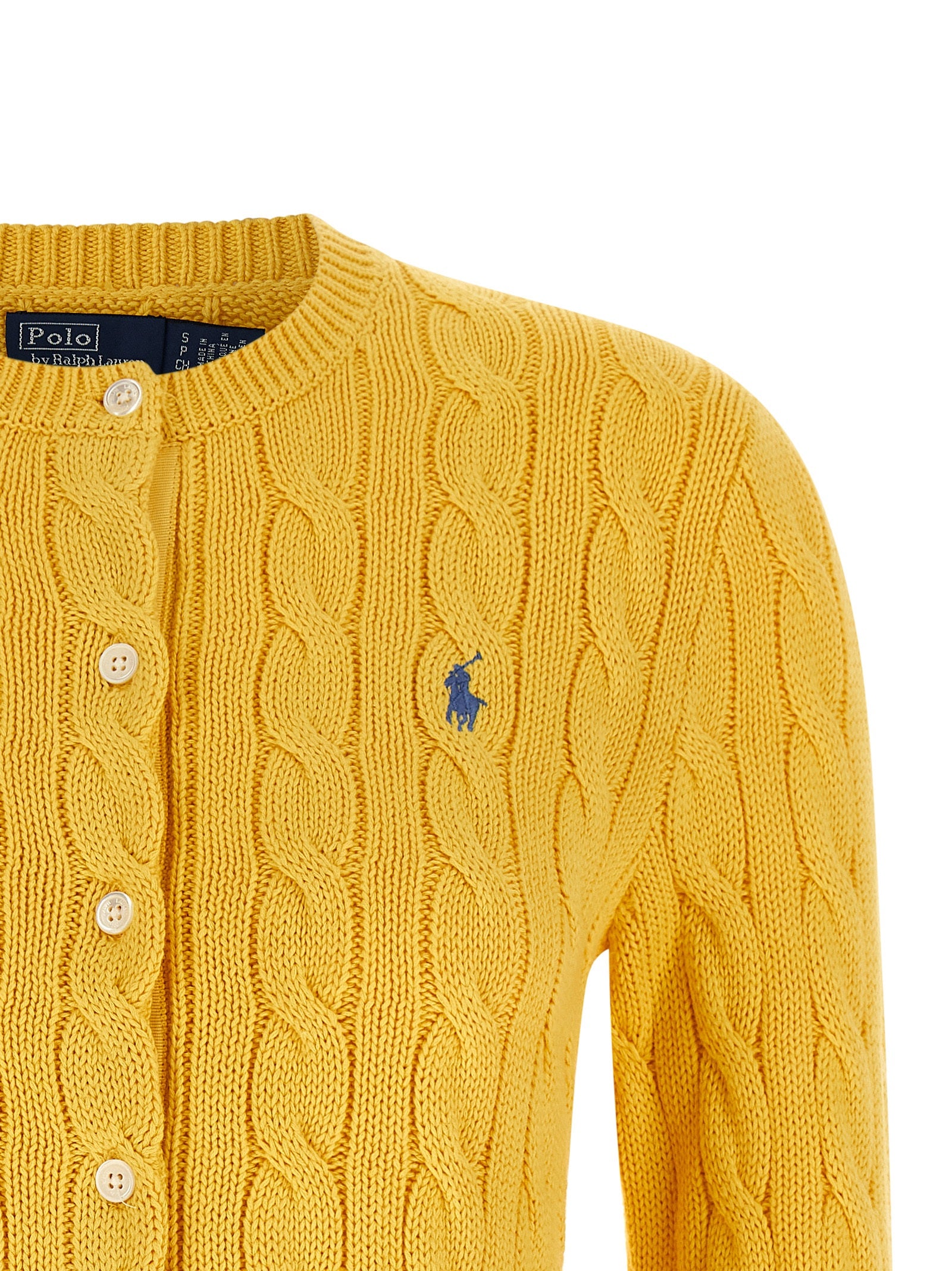 Cardigan bicolore en coton Polo Ralph Lauren porté, avec col en V et boutons, style classique et élégant.
