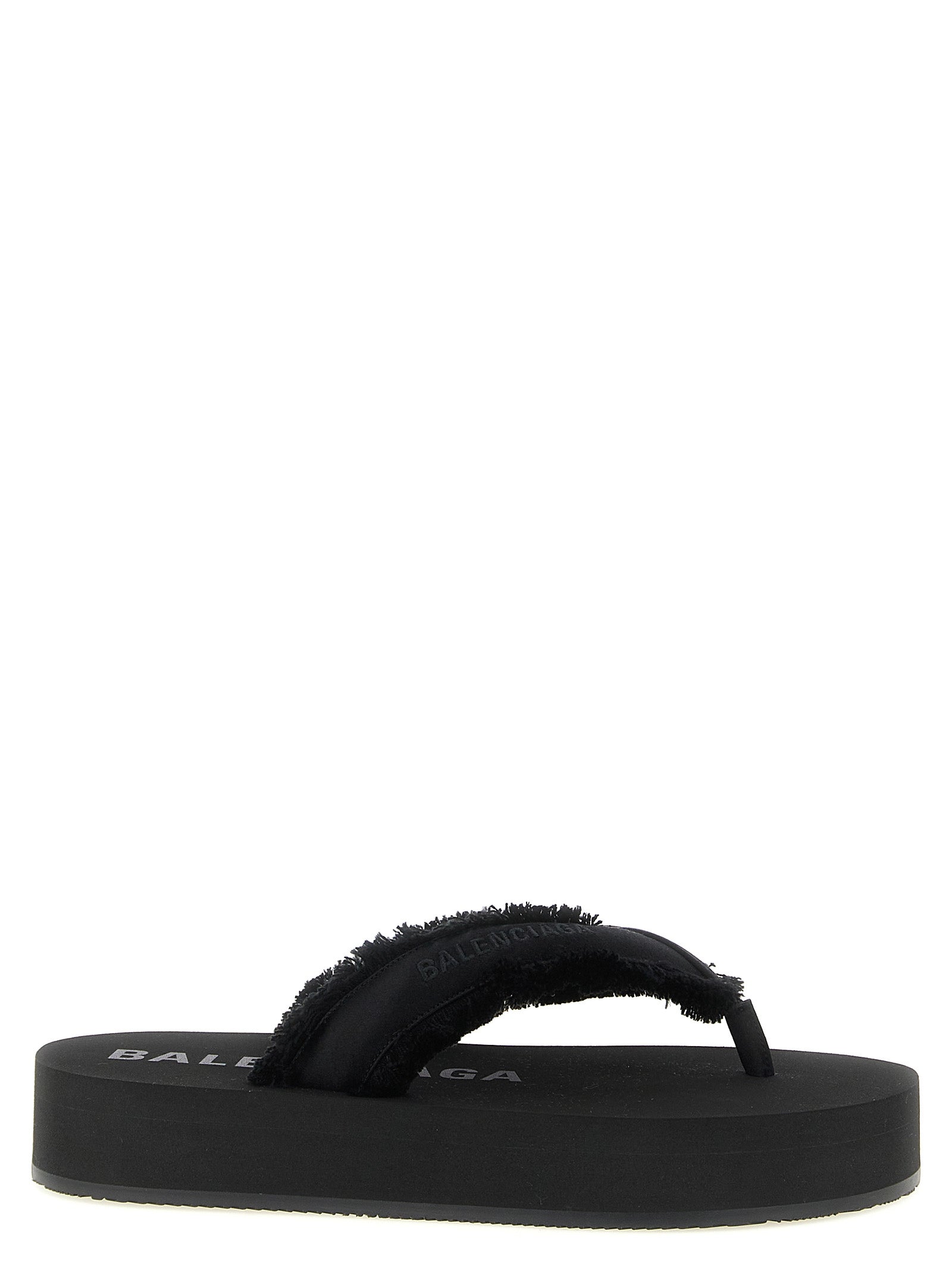Sandales Balenciaga noires en viscose avec semelle plateforme, vues de face sur un fond neutre.