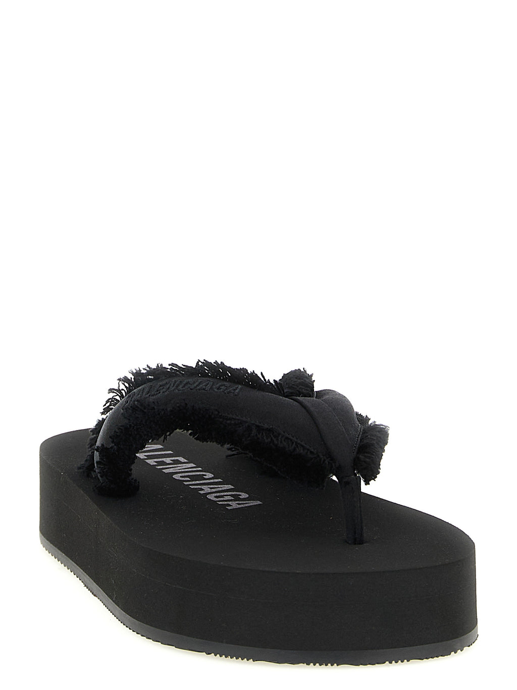 Sandales noires Balenciaga en viscose avec semelle plateforme et design moderne, vues de profil sur fond blanc.