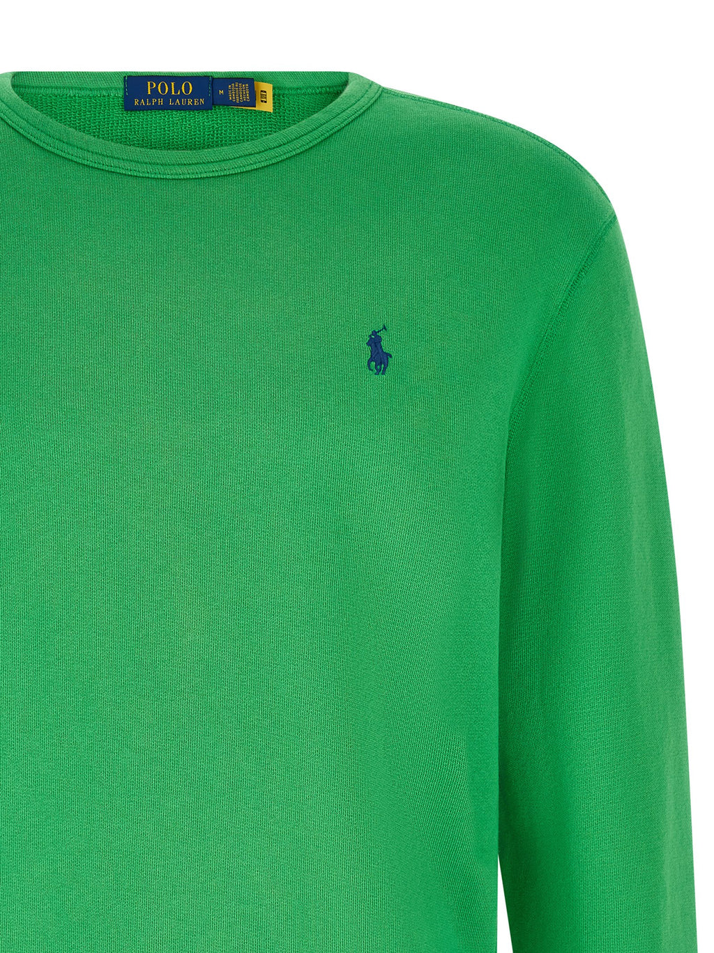 Sweatshirt en coton bicolore Polo Ralph Lauren avec col en V et logo brodé, porté par un mannequin.