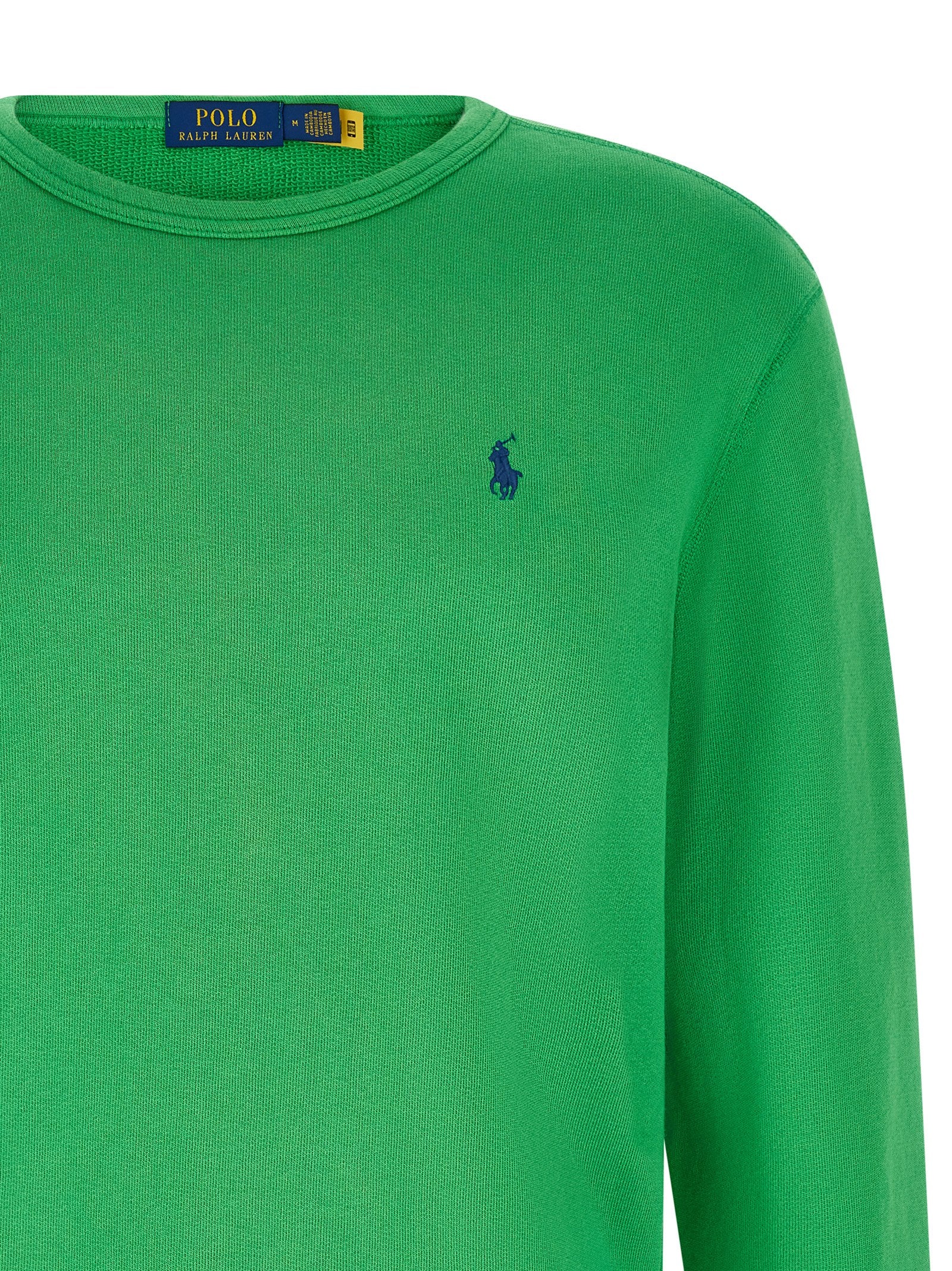 Sweatshirt en coton bicolore Polo Ralph Lauren avec col en V et logo brodé, porté par un mannequin.