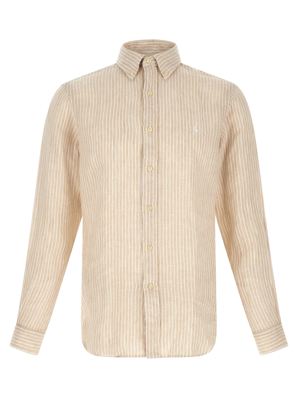 Chemise en lin beige Polo Ralph Lauren, vêtement élégant à manches longues, détail de col classique, tissu léger et respirant.