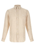 Chemise en lin beige Polo Ralph Lauren, vêtement élégant à manches longues, détail de col classique, tissu léger et respirant.