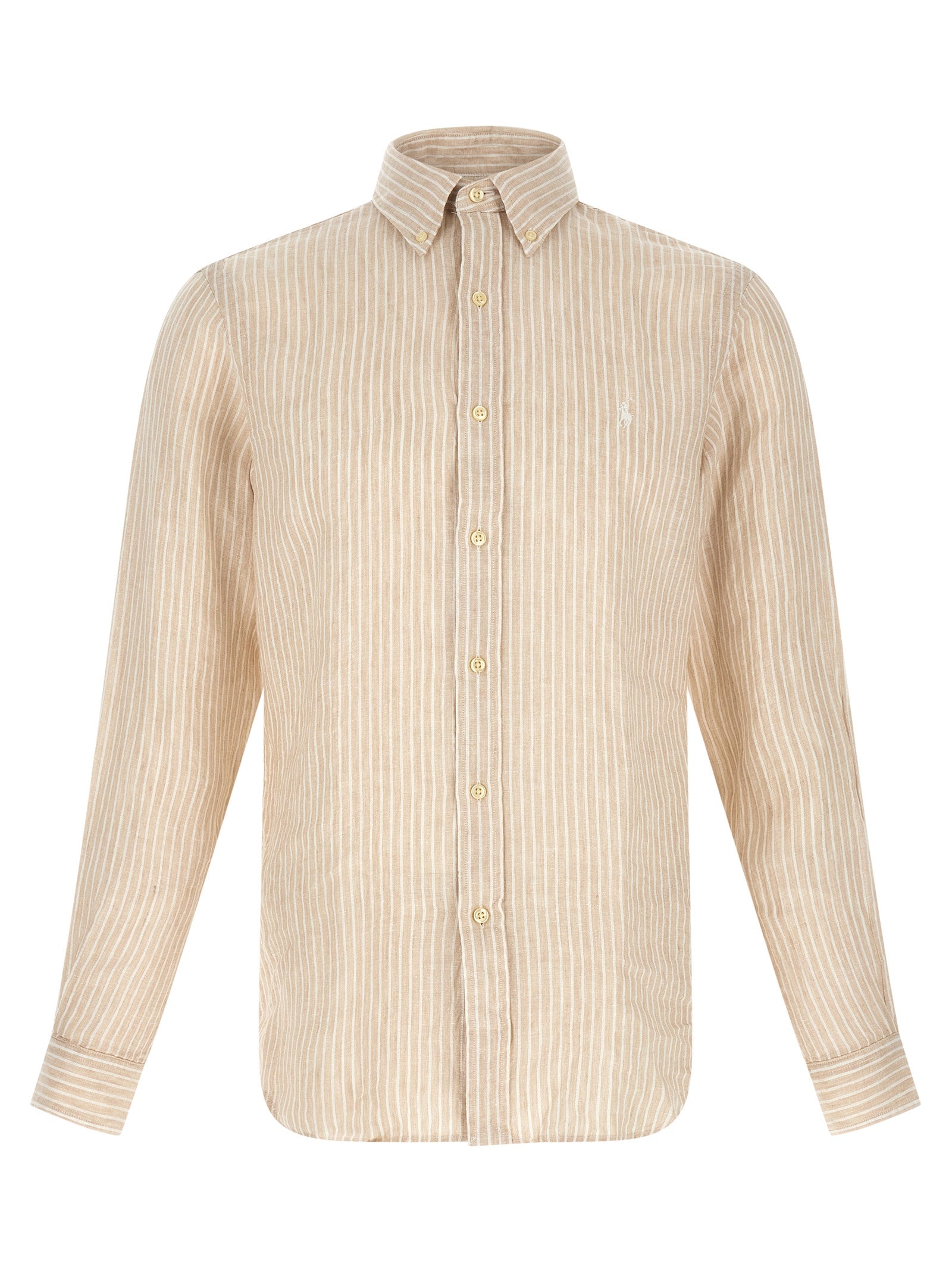 Chemise en lin beige Polo Ralph Lauren, vêtement élégant à manches longues, détail de col classique, tissu léger et respirant.