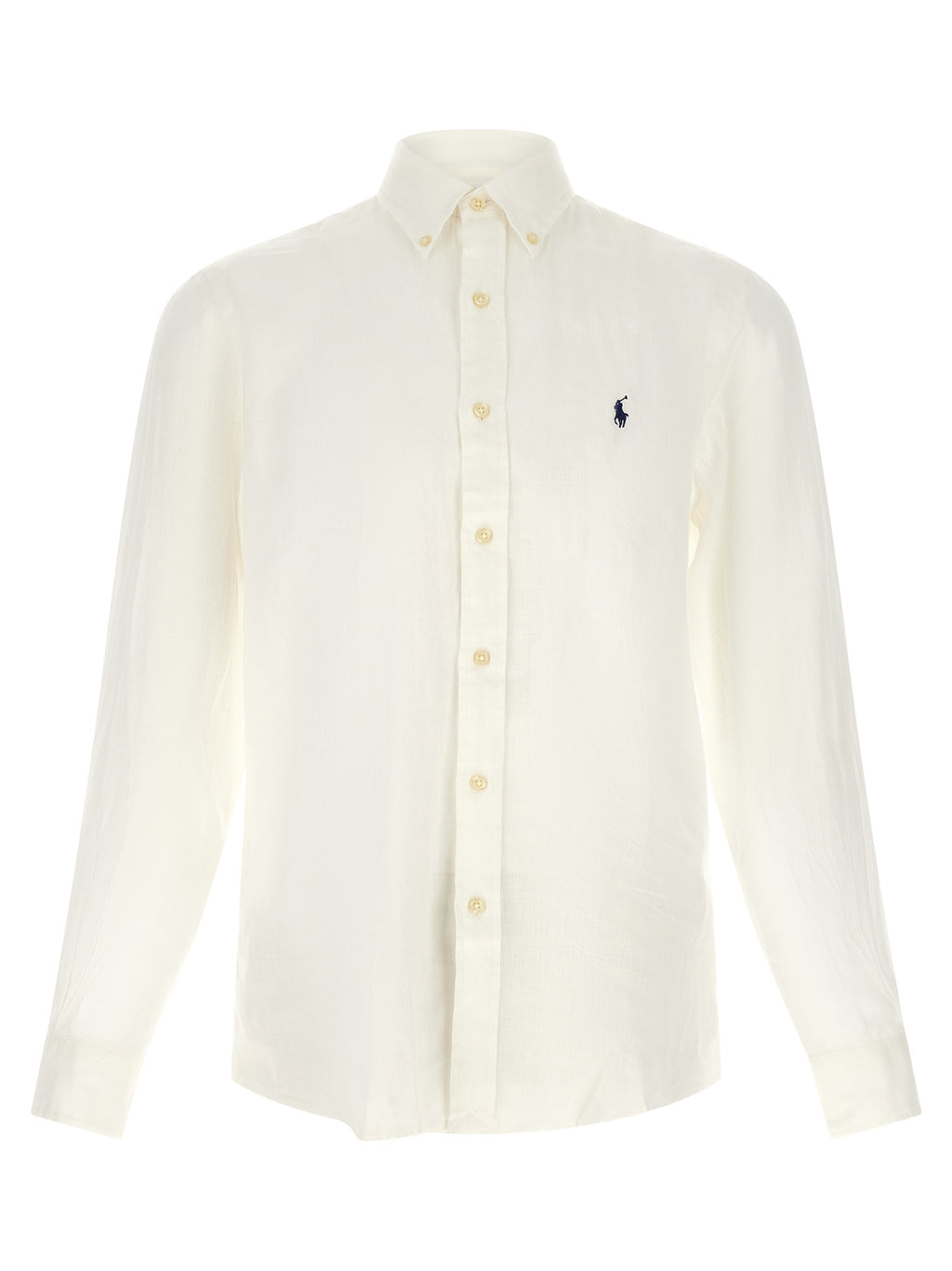 Chemise en lin blanche Polo Ralph Lauren, vue frontale, détails du col et des manches visibles, élégante et légère.