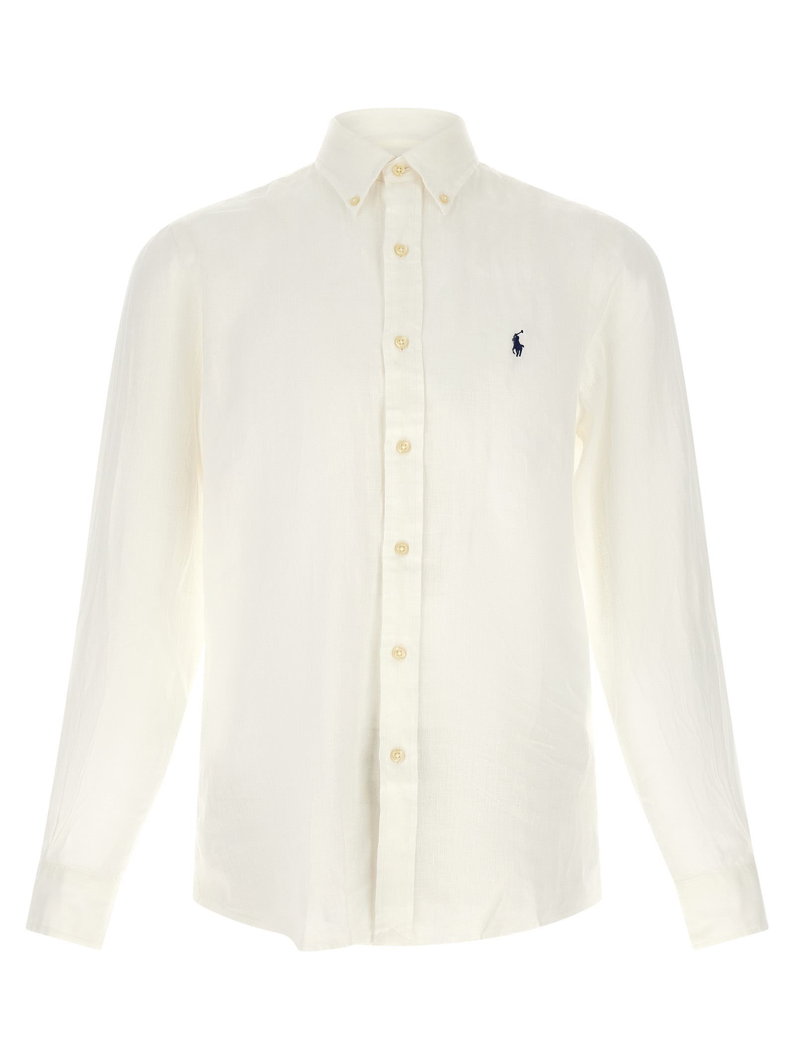 Chemise en lin blanche Polo Ralph Lauren, vue frontale, détails du col et des manches visibles, élégante et légère.