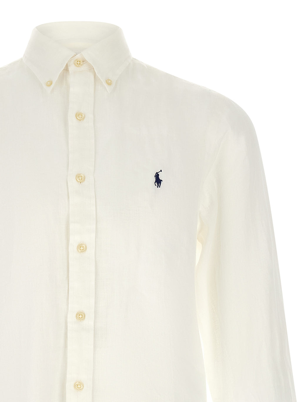 Blouse en lin blanche Polo Ralph Lauren, coupe élégante avec col et boutons, portée décontractée ou chic.