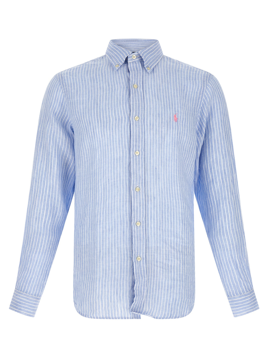 Chemise en lin bleu Polo Ralph Lauren, blouse élégante avec col et manches longues, détail du tissu en lin naturel.