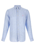 Chemise en lin bleu Polo Ralph Lauren, blouse élégante avec col et manches longues, détail du tissu en lin naturel.