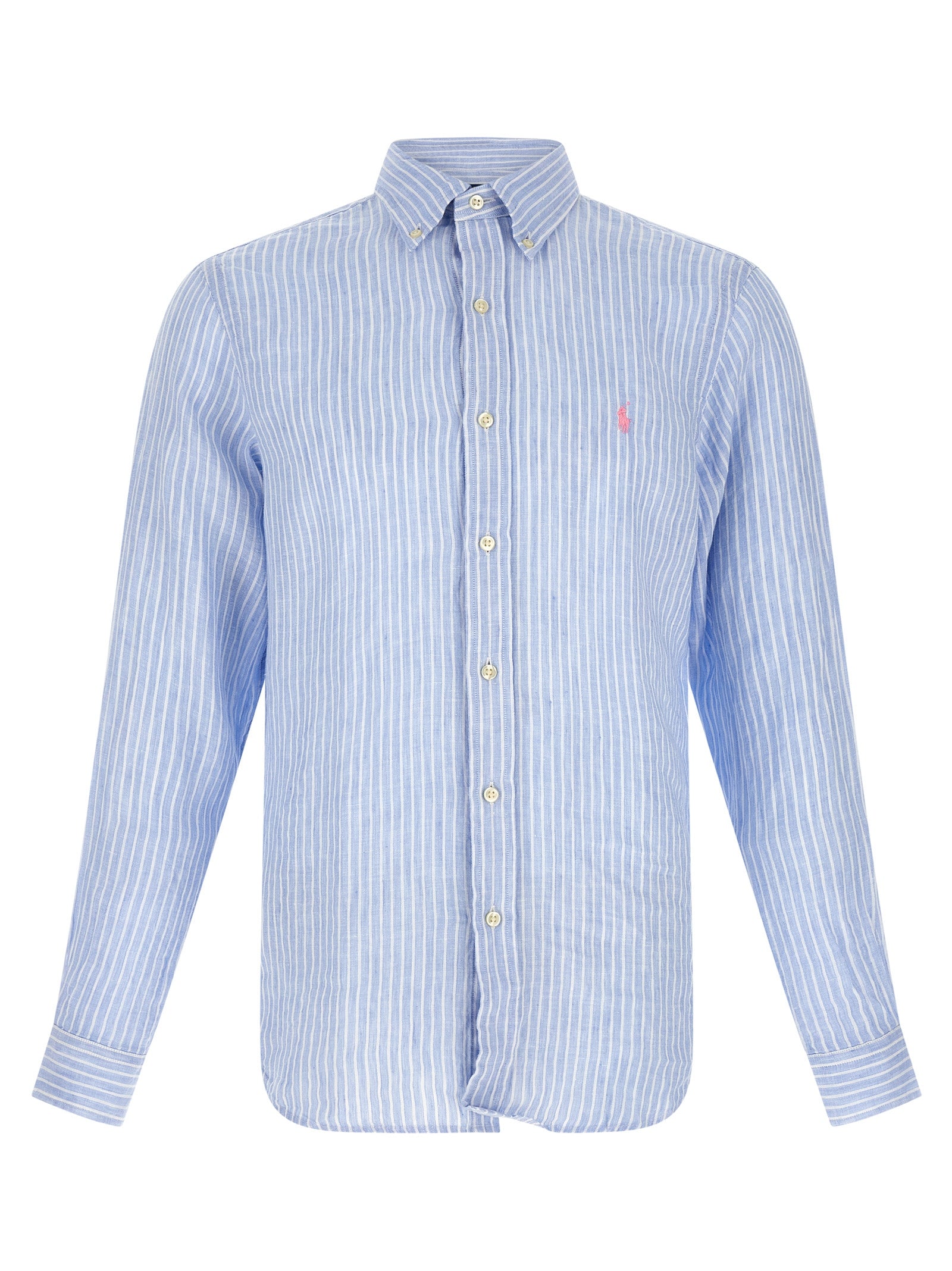 Chemise en lin bleu Polo Ralph Lauren, blouse élégante avec col et manches longues, détail du tissu en lin naturel.