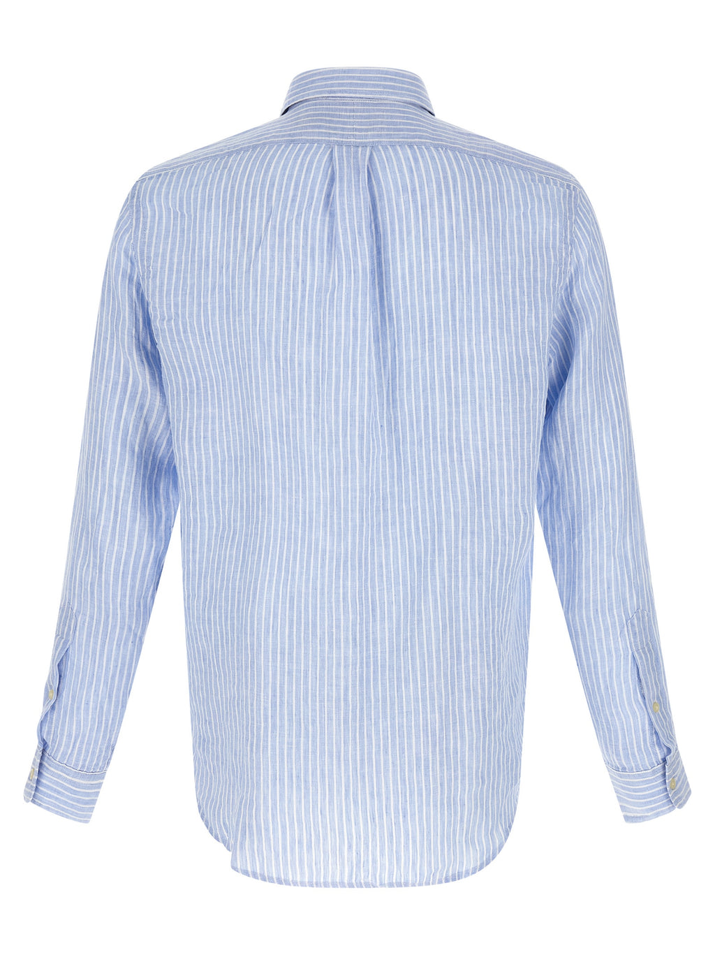 Blouse en lin bleue Polo Ralph Lauren avec col classique et manches longues, portée par un mannequin.