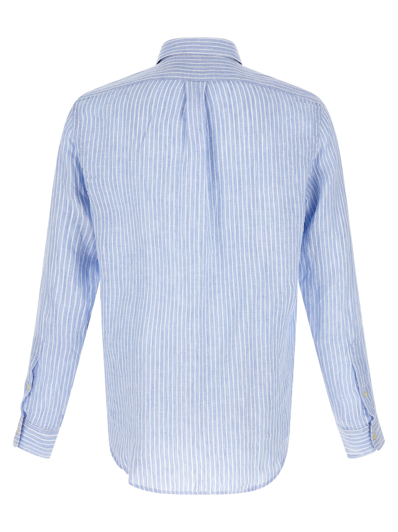 Blouse en lin bleue Polo Ralph Lauren avec col classique et manches longues, portée par un mannequin.