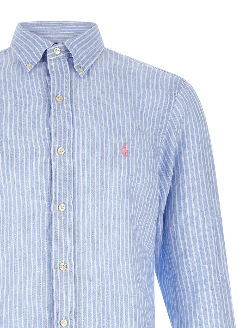 Chemise en lin bleue Polo Ralph Lauren avec col et manches longues, vue de face.
