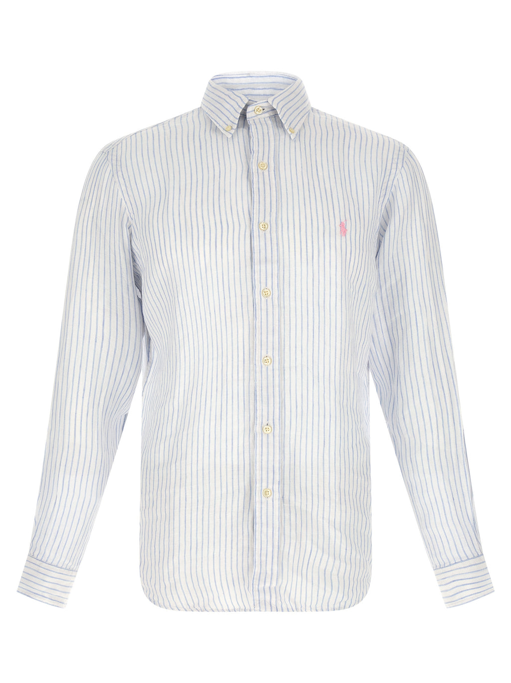 Chemise en lin bleu Polo Ralph Lauren, coupe élégante, col classique et manches longues, tissu léger et respirant.