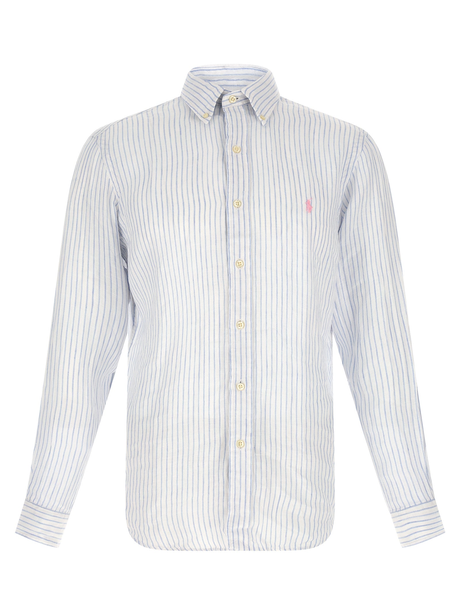 Chemise en lin bleu Polo Ralph Lauren, coupe élégante, col classique et manches longues, tissu léger et respirant.