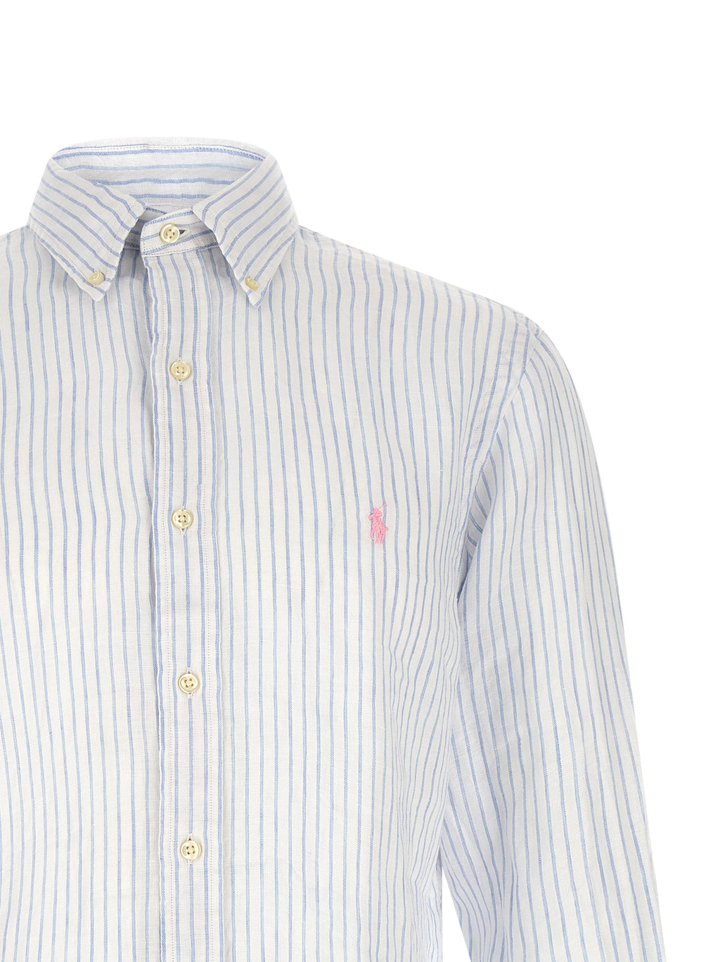 Chemise en lin bleue Polo Ralph Lauren, coupe élégante, col classique, manches longues, tissu léger et respirant.