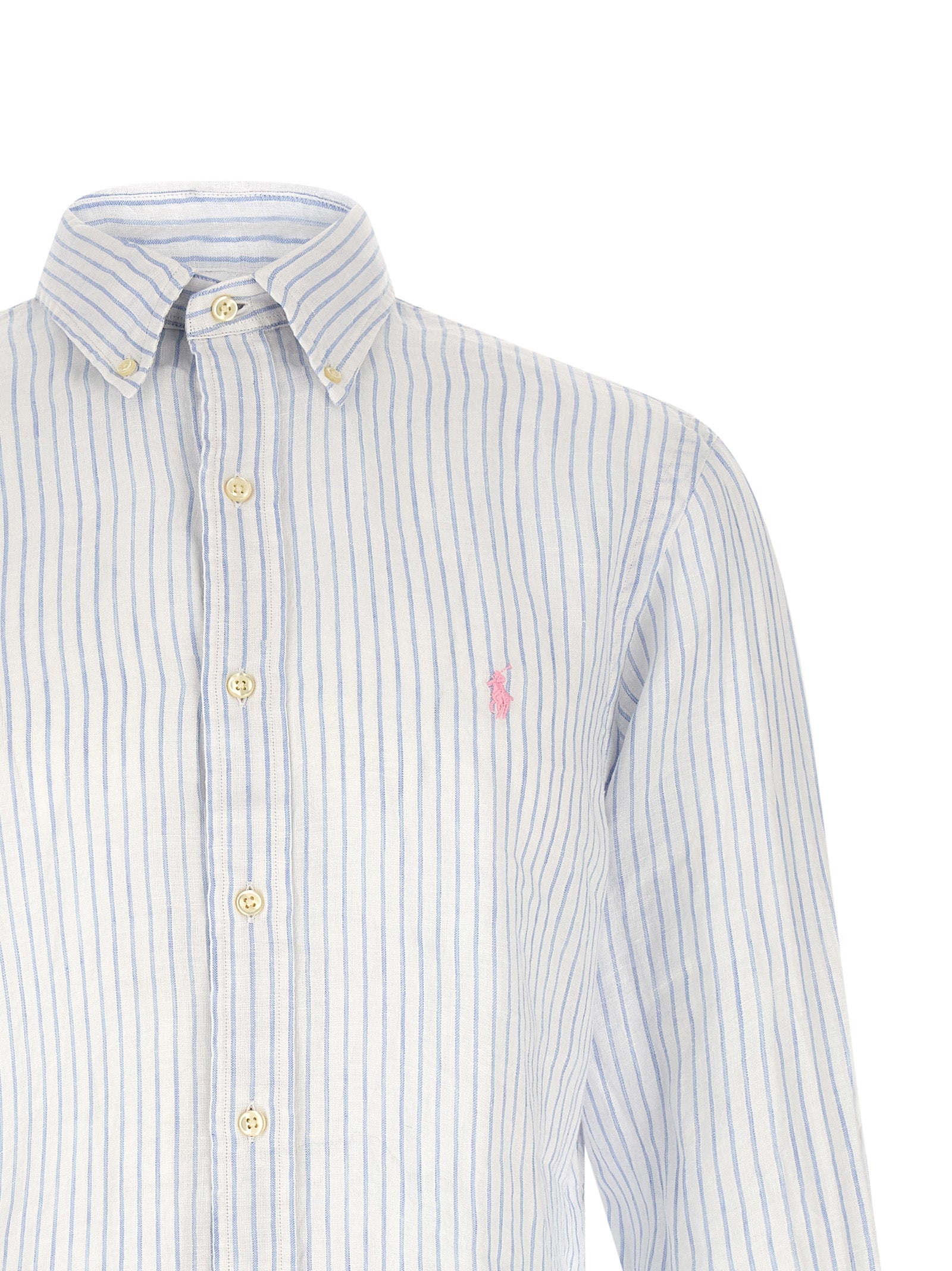 Chemise en lin bleue Polo Ralph Lauren, coupe élégante, col classique, manches longues, tissu léger et respirant.