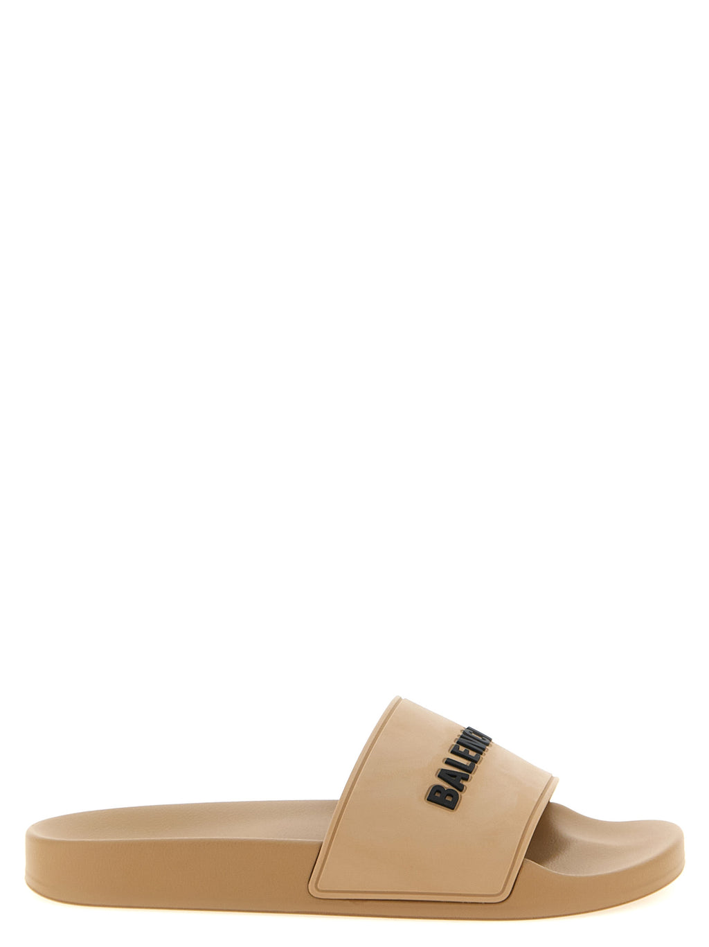 Sandales plastiques beige Balenciaga avec semelle épaisse et design moderne, vues en gros plan.