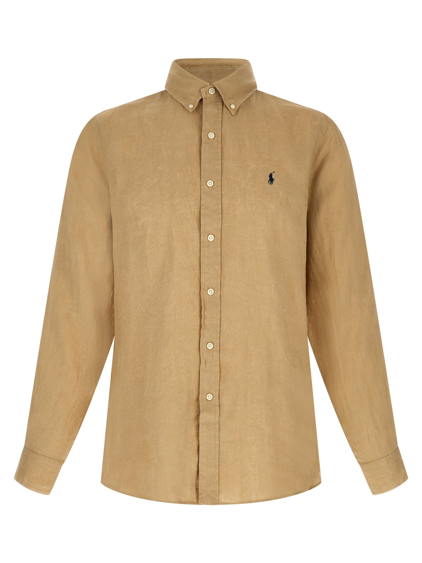 Chemise en lin beige Polo Ralph Lauren, coupe classique avec col et boutons, idéale pour un style élégant et décontracté.