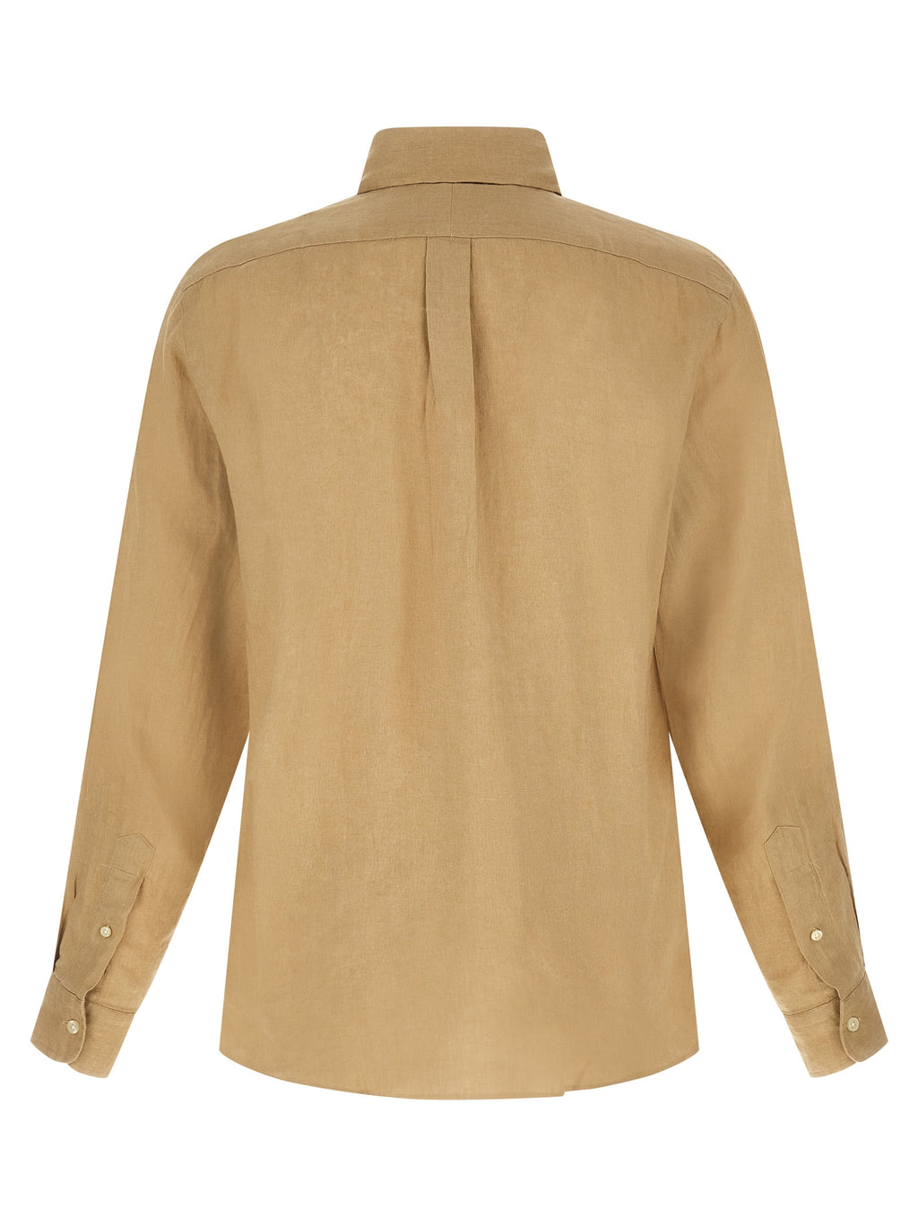 Chemise beige en lin de Polo Ralph Lauren, vue de face, avec col classique et manches longues, tissu léger et élégant.