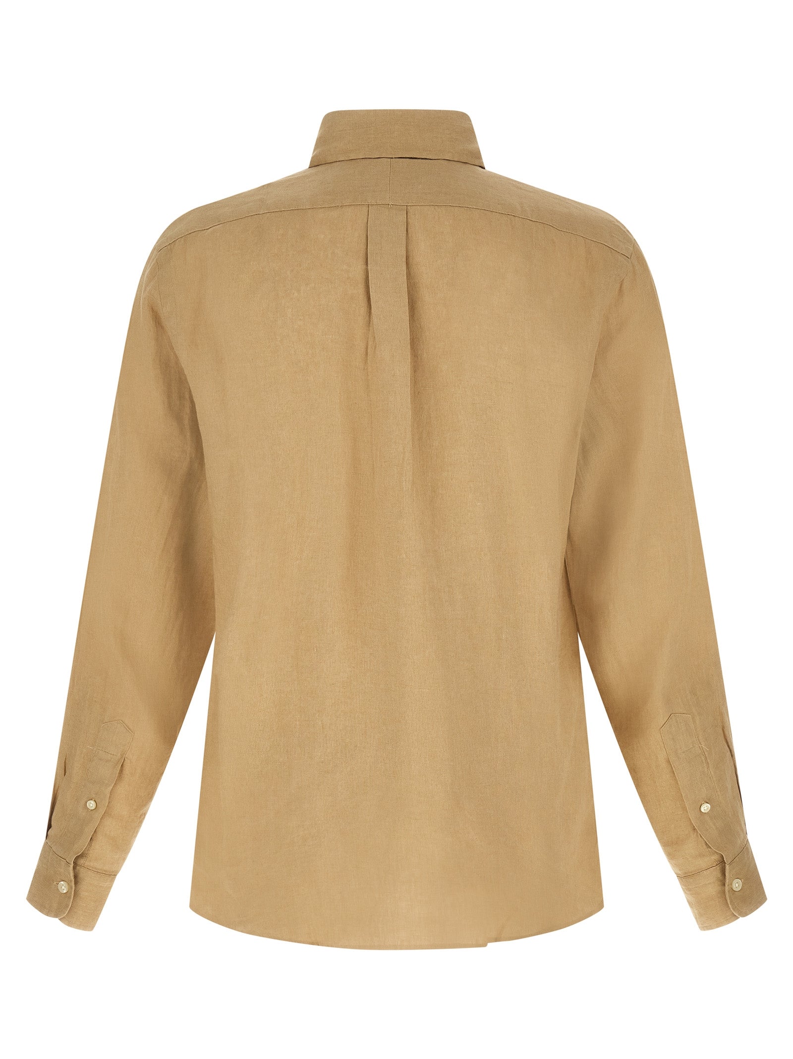 Chemise beige en lin de Polo Ralph Lauren, vue de face, avec col classique et manches longues, tissu léger et élégant.