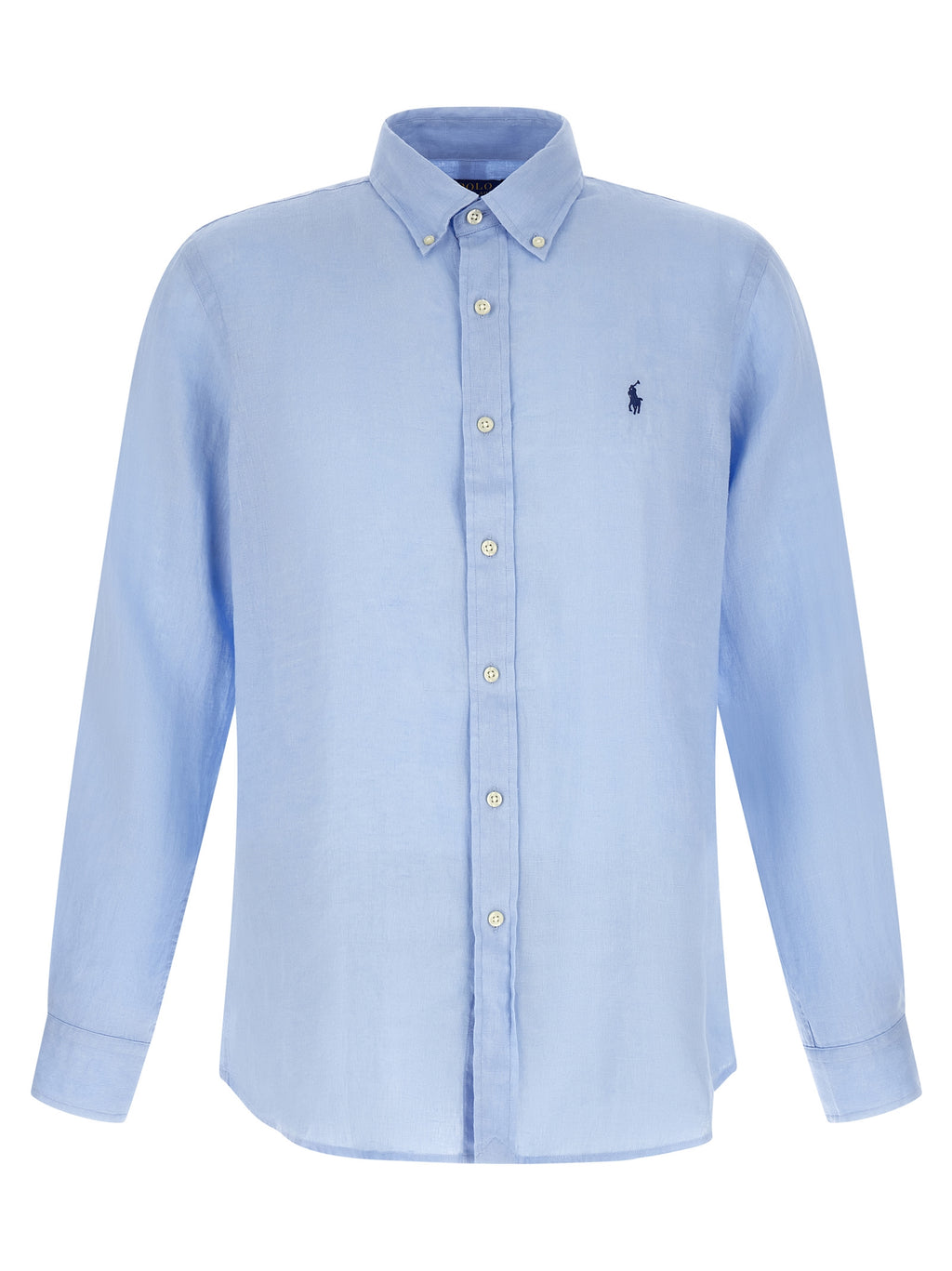 Chemise en lin bleue Polo Ralph Lauren, style décontracté, avec col et manches longues, portée décontractée.