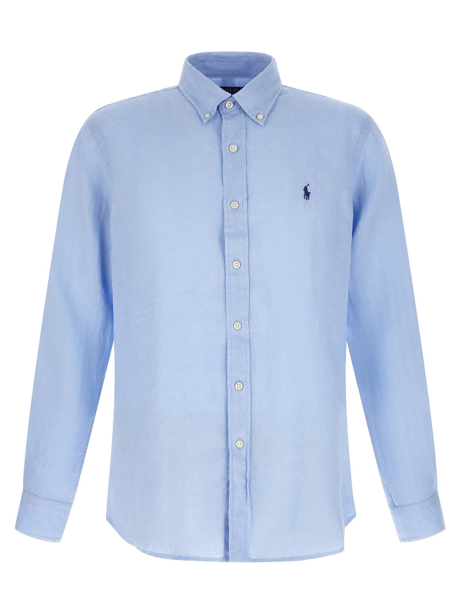 Chemise en lin bleue Polo Ralph Lauren, style décontracté, avec col et manches longues, portée décontractée.
