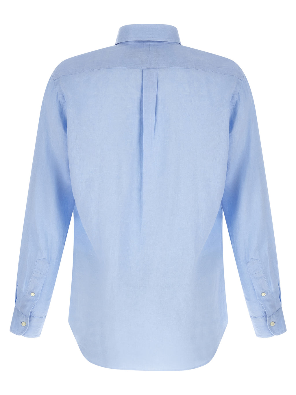 Blouse en lin bleu Polo Ralph Lauren avec col classique et manches longues, vue de face.