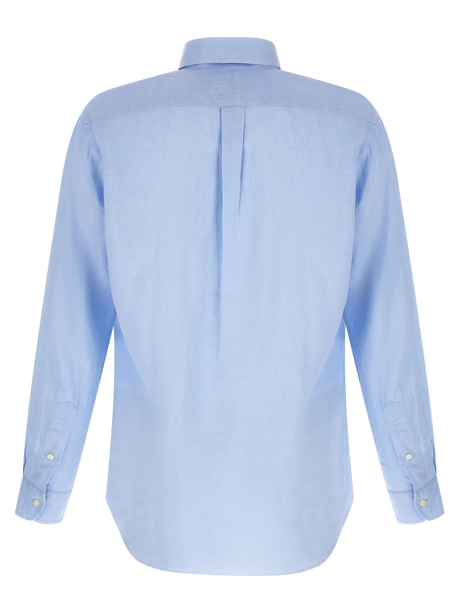 Blouse en lin bleu Polo Ralph Lauren avec col classique et manches longues, vue de face.