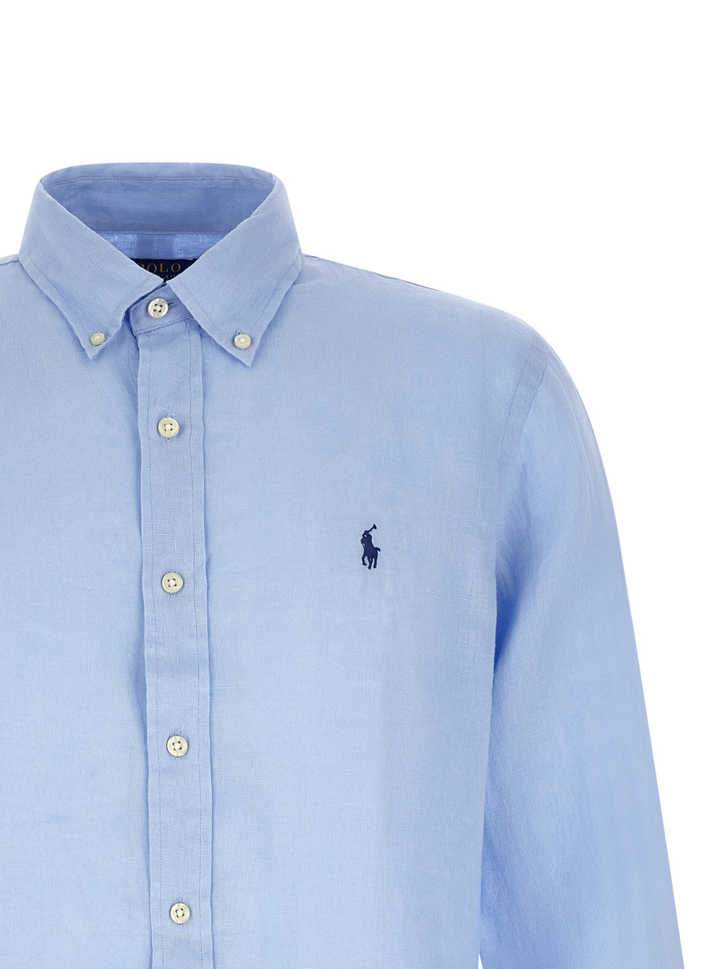Chemise en lin bleu Polo Ralph Lauren, avec col et manches longues, visible sur une mannequin.