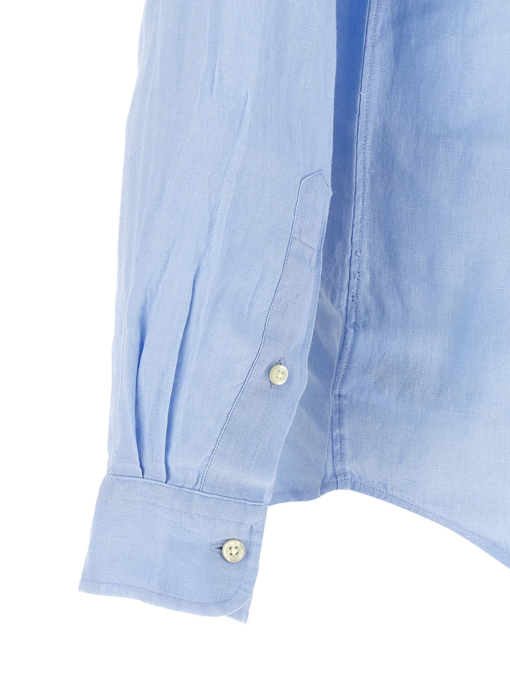 Blouse en lin bleu Polo Ralph Lauren avec col classique et manches longues, vue de face.