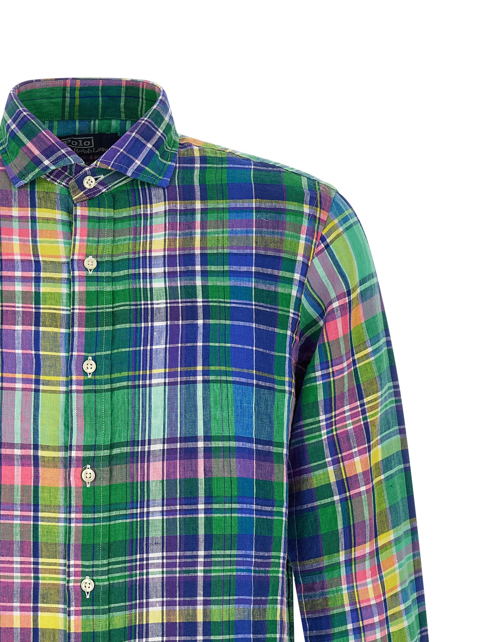Chemise en lin multicolore Polo Ralph Lauren avec col et manches longues, vue rapprochée du tissu et du design coloré.