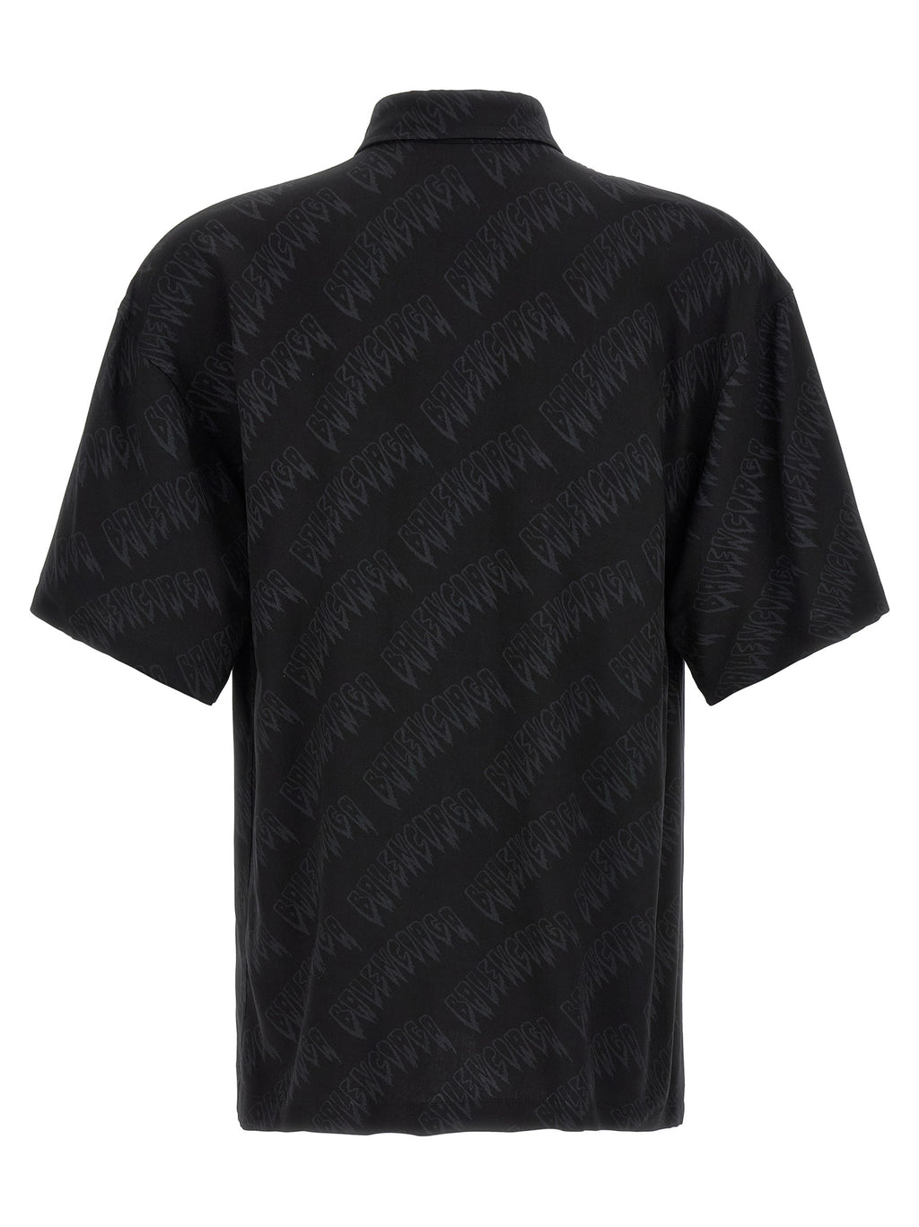 Chemise noire en viscose de Balenciaga avec col ample et manches longues, affichant un style élégant et moderne.