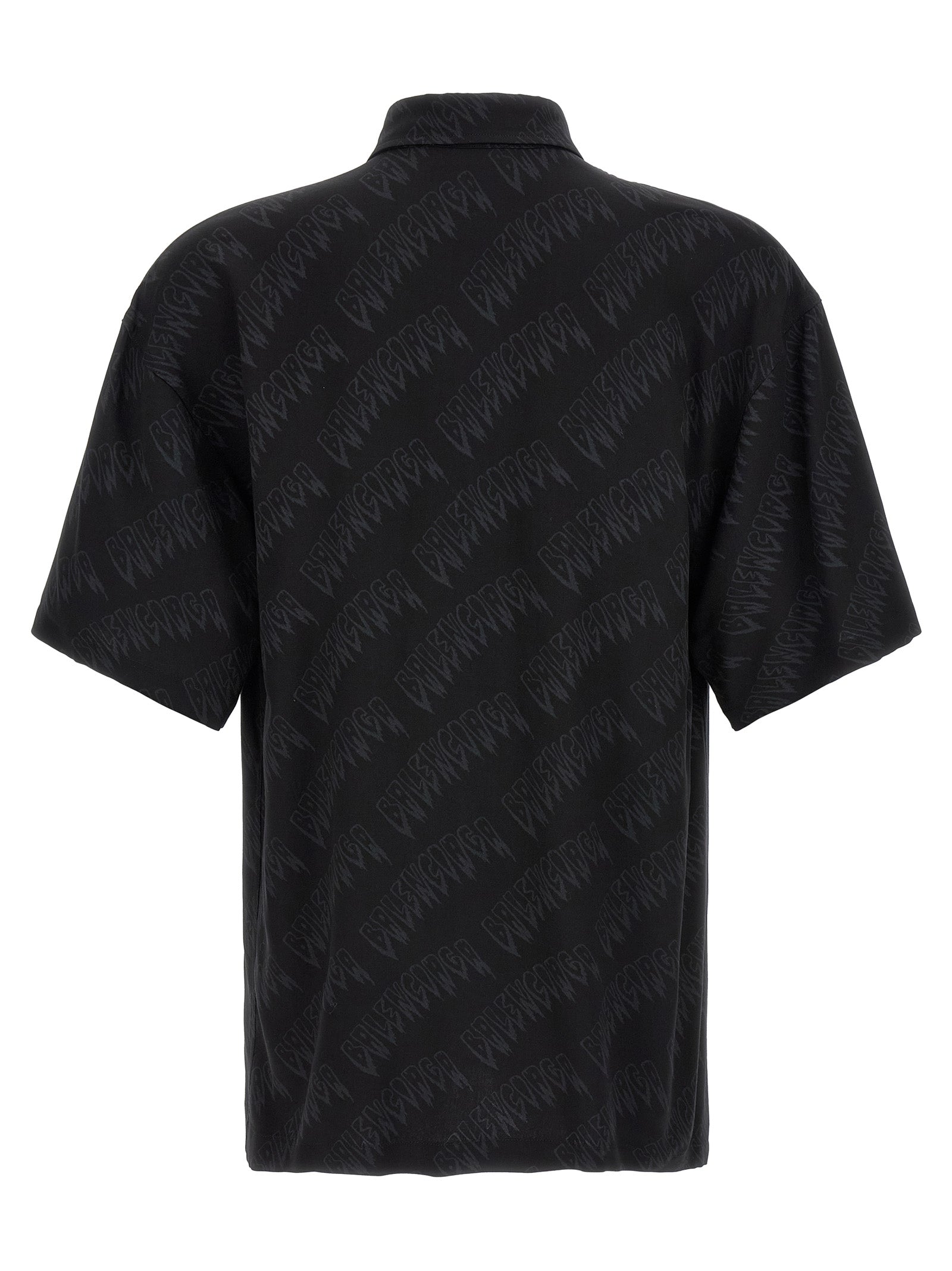 Chemise noire en viscose de Balenciaga avec col ample et manches longues, affichant un style élégant et moderne.