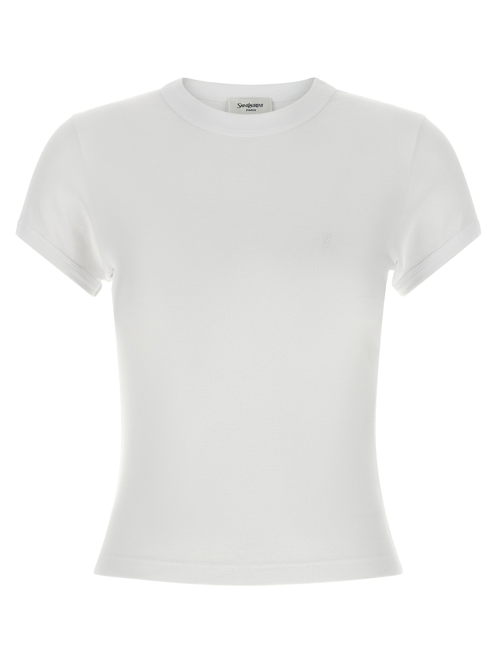 T-shirt blanc en coton de Saint Laurent, coupe classique, vue de face, avec col rond et logo discret.