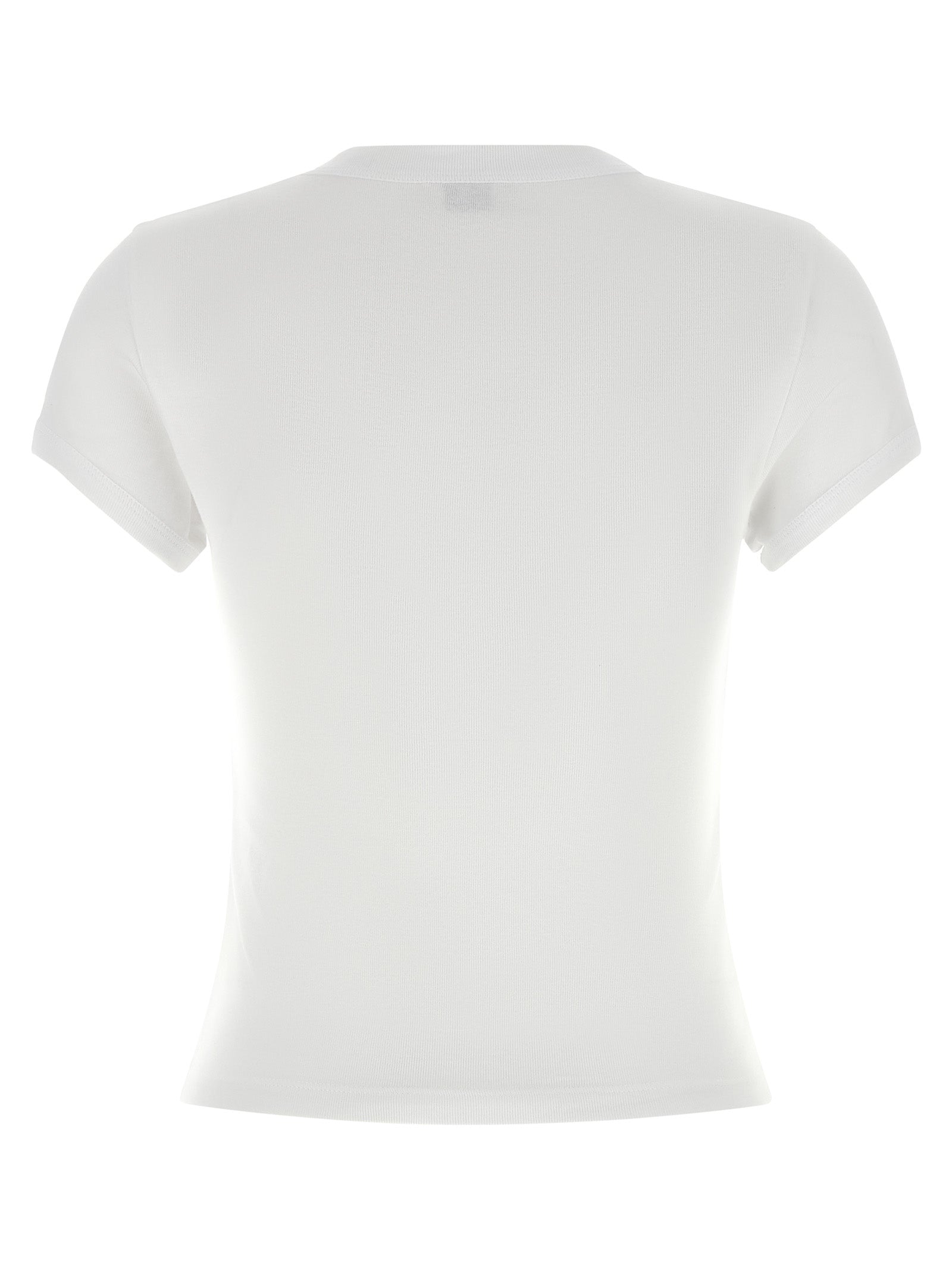 T-shirt blanc en coton de Saint Laurent, vue de face, avec logo discret, porté sur mannequin.
