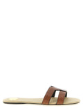 Sandales Saint Laurent en cuir de veau marron, chaussons élégants pour homme ou femme, avec semelle en cuir visible.