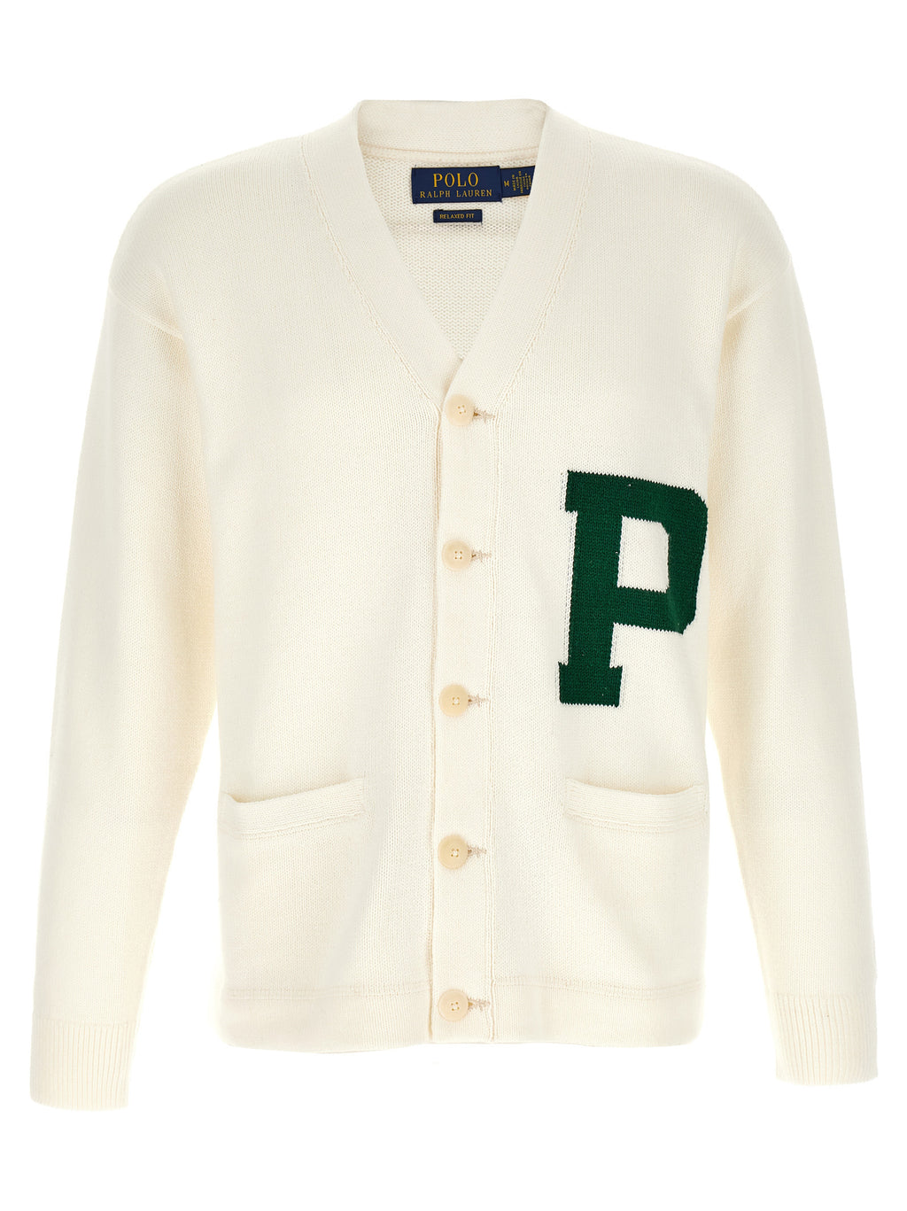 Cardigan bicolore en coton de Polo Ralph Lauren, avec col en V et boutons, porté par un mannequin.