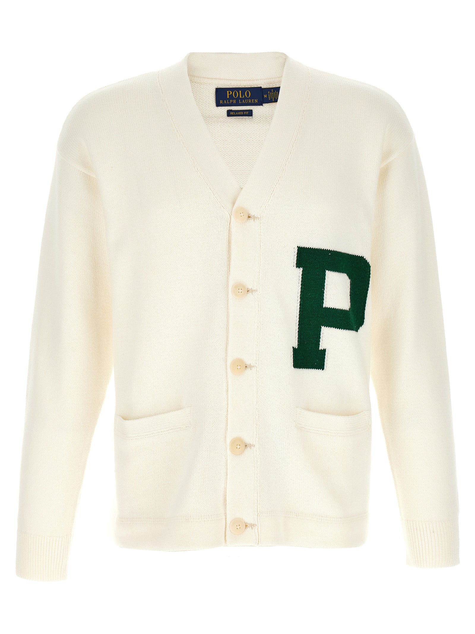 Cardigan bicolore en coton de Polo Ralph Lauren, avec col en V et boutons, porté par un mannequin.