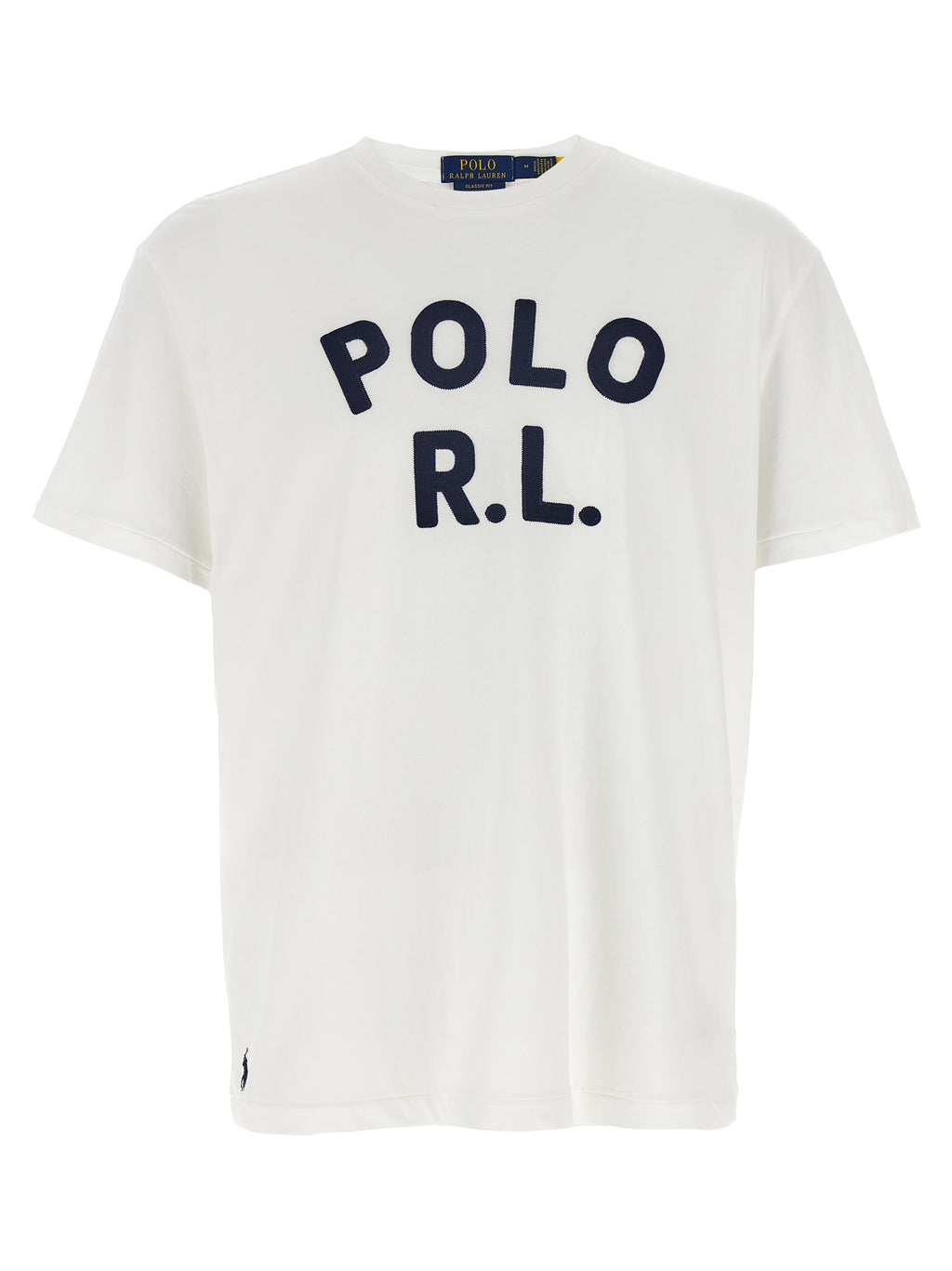 T-shirt en coton bleu Polo Ralph Lauren avec col en maille et logo brodé sur la poitrine, vue de face.