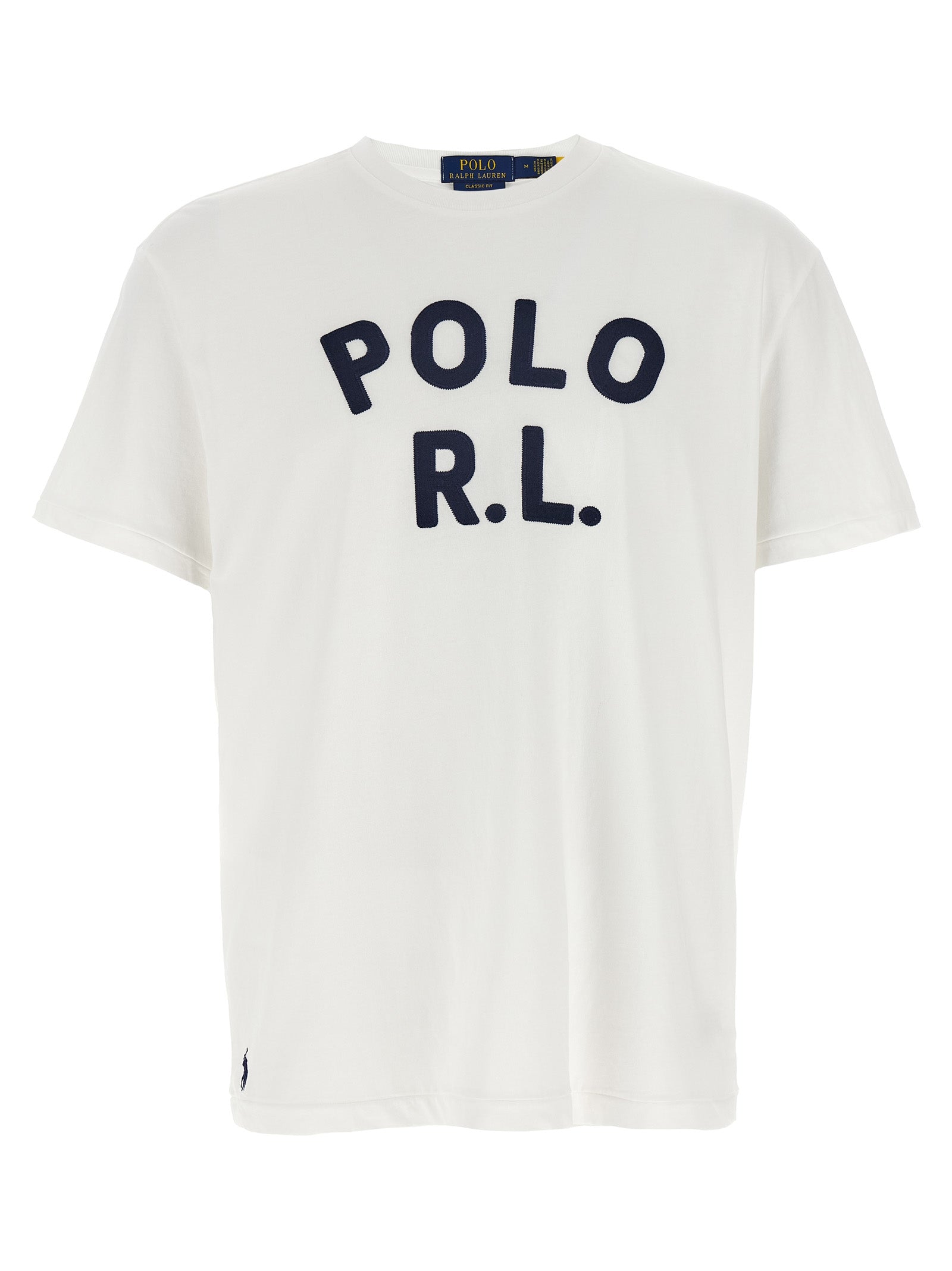 T-shirt en coton bleu Polo Ralph Lauren avec col en maille et logo brodé sur la poitrine, vue de face.