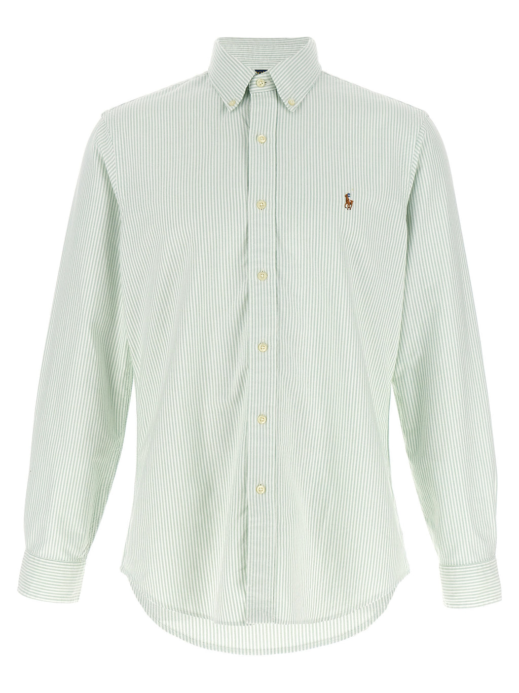Chemise bicolore en coton Polo Ralph Lauren, près du corps, avec col et boutons, sur un fond neutre.