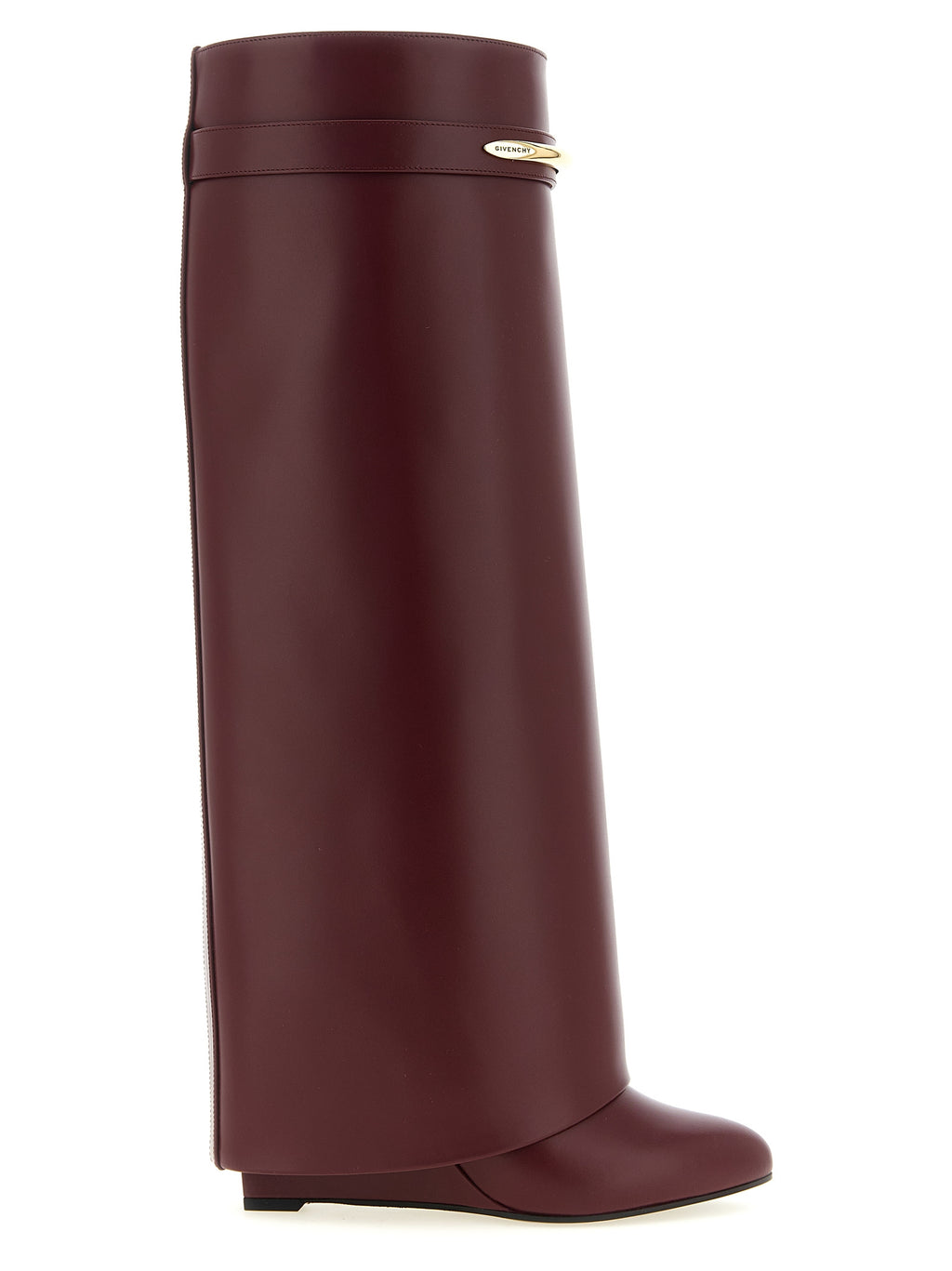 Bottines Givenchy en cuir de veau Bordeaux, longues jusqu'au dessus du genou, élégantes et sophistiquées.