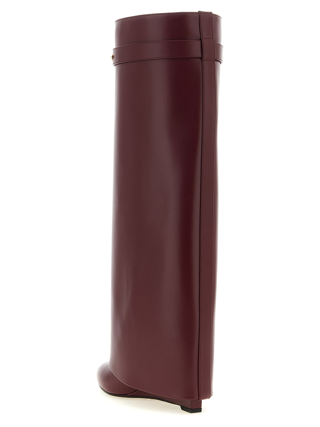 Bottes Givenchy en cuir de veau Bordeaux, hautes jusqu'au genou, élégantes et sophistiquées, vues de face.